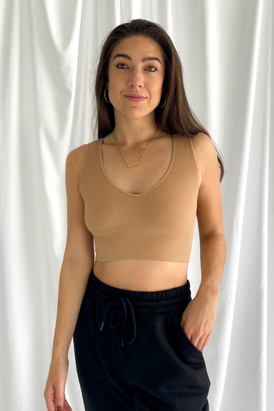 Sweet Thing V Neck Seamless Crop Top | Camel - We’re About That